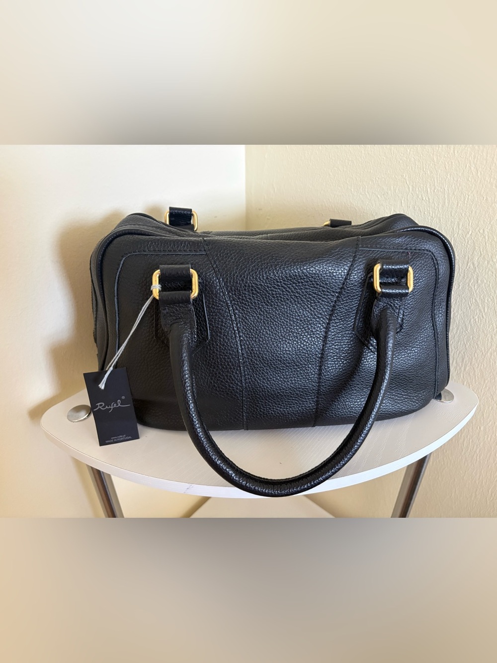Rufel Black Pebbled Leather Satchel with Gold Hardware